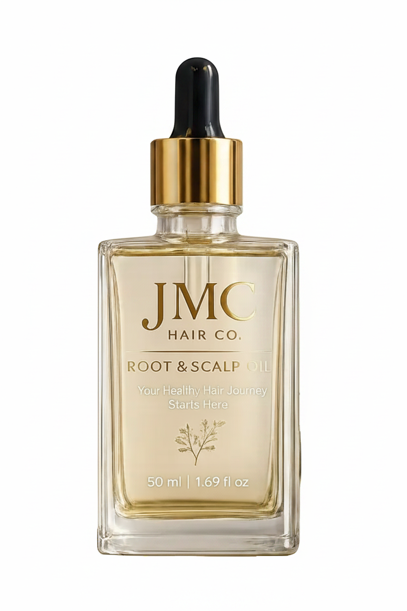 JMC Hair Co. Root & Scalp Oil in a clear glass dropper bottle with a gold collar and black dropper top, displayed on a round stone slab with olive sprigs and seeds against a white background.